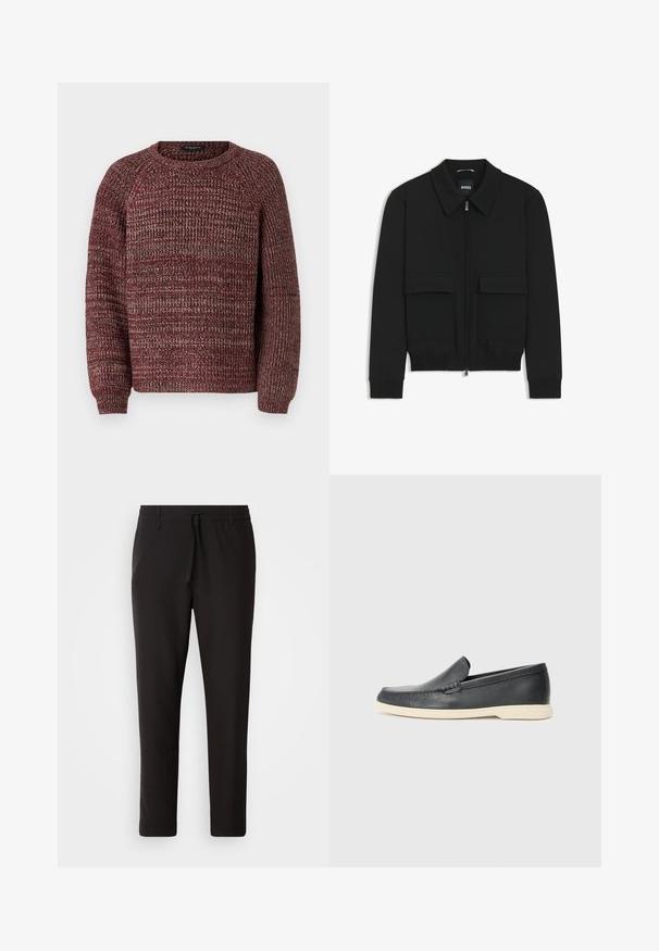 Black bomber jacket with a collared neck, zip front, and two large flap pockets. Features ribbed cuffs and hem, made of textured fabric.; Maroon knit sweater featuring a textured pattern, round neck, and raglan sleeves. Soft material with slightly elastic cuffs and hem.; Black jogger pants made of smooth fabric. Feature an elastic waistband with a drawstring, tapered legs, and no visible pockets. Simple design.; Black leather slip-on loafers with a textured finish and a contrasting beige rubber sole. Features a subtle accent along the front.