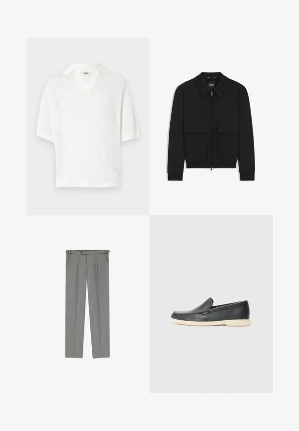 Sort bomberjakke med krave, lynlås foran og to store klaplommer. Har ribbede manchetter og bund, lavet af struktureret stof.; Hvid kortærmet pullover-trøje med V-hals, lavet af let mesh-stof. Har en ensfarvet krave og en afslappet pasform.; Lys grå skræddersyede bukser med en struktureret overflade, som har folder, bæltestropper og en knaplukning i taljen.; Sorte læder slip-on loafers med en struktureret overflade og en kontrasterende beige gummisål. Har en subtil detalje langs forsiden.
