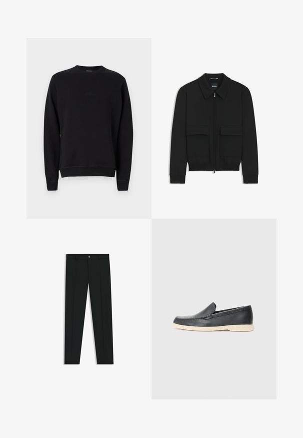 Giacca bomber nera con colletto, chiusura a zip frontale e due grandi tasche con patta. Presenta polsini e orlo a costine, realizzata in tessuto testurizzato.; Felpa nera con collo arrotondato realizzata in tessuto morbido. Presenta polsini e orlo a costine, con un sottile logo ricamato sul davanti.; Pantaloni neri in tessuto lisci, con design a gamba dritta. Presentano una chiusura frontale con bottone e passanti per cintura. Senza fantasie.; Mocassini neri in pelle con finitura testurizzata e suola in gomma beige a contrasto. Presentano un accento sottile lungo la parte anteriore.