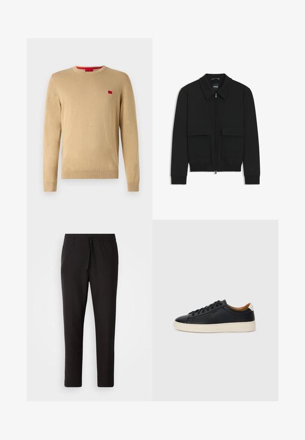 Black bomber jacket with a collared neck, zip front, and two large flap pockets. Features ribbed cuffs and hem, made of textured fabric.; Beige sweater with a round neckline, long sleeves, and ribbed cuffs. Features a small red logo on the chest. Soft, knitted texture.; Black jogger pants made of smooth fabric. Feature an elastic waistband with a drawstring, tapered legs, and no visible pockets. Simple design.; Black leather sneakers with a smooth texture, beige rubber sole, lace-up design, and a contrasting heel accent.