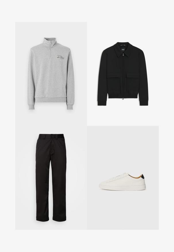 Musta pommikohva takki, jossa on kauluskulli, vetoketju etupuolella ja kaksi suurta läpällistä taskua. Varustettu ribbireunuksilla hihoissa ja helmassa, valmistettu teksturoituneesta kankaasta.; Harmaa vetoketjullinen collegepaita korkealla kauluksella, puolivälineen vetoketjulla, joustavat hihansuut ja hienovarainen painettu logo vasemmassa rinnassa. Pehmeä kankaan tekstuuri.; Mustat housut, jotka on valmistettu sileästä kankaasta. Ne sisältävät vetoketjukiinnityksen, napin sulkemisen sekä käärityt lahkeet rentoa muotoilua varten.; Valkoinen tennari, jossa on sileä nahkapinta, pyöreä kärki ja tasapohja. Musta yksityiskohta kantapäässä, jossa on samaa sävyä olevat nauhat ja minimaalinen brändäys.