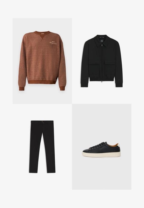 Musta pommikohva takki, jossa on kauluskulli, vetoketju etupuolella ja kaksi suurta läpällistä taskua. Varustettu ribbireunuksilla hihoissa ja helmassa, valmistettu teksturoituneesta kankaasta.; Ruskea huppari, jossa on tekstuuri pinta, V-pääntie ja ribbireunukset. Brodeerattu etiketti lukee "Guess Originals."; Mustat housut, jotka on valmistettu sileätekstiilisestä kankaasta. Varustettu nappikiinnityksellä, vyölenkeillä ja sivutaskuilla. Standardi suora lahjemalli.; Mustat nahkasneakerit, joissa on sileä pinta, beige kumipohja, nauhakiinnitys ja erottuva kanta-aksentti.