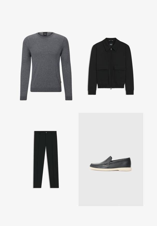 Black bomber jacket with a collared neck, zip front, and two large flap pockets. Features ribbed cuffs and hem, made of textured fabric.; Grey crew-neck sweater made of soft knit fabric. It features long sleeves, ribbed cuffs and hem, and a small logo tag on the side.; Black dress pants with a straight-leg design, made of smooth fabric. Features a front button closure and belt loops. Plain without patterns.; Black leather slip-on loafers with a textured finish and a contrasting beige rubber sole. Features a subtle accent along the front.