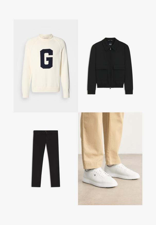 Sort bomberjakke med krave, lynlås foran og to store klaplommer. Har ribbede manchetter og bund, lavet af struktureret stof.; Creme sweater lavet af strikket stof med et marineblåt 'G' logo-design. Den har rund hals og ribbede manchetter og kant.; Sorte bukser lavet af stof med en glat tekstur. Har en knaplukning, bæltestropper og sidelommer. Standard design med lige ben.; Hvide lædersneakers med glat overflade, rund tå, snørebåndsdesign og diskret logodetalje på siden, parret med beige bukser.