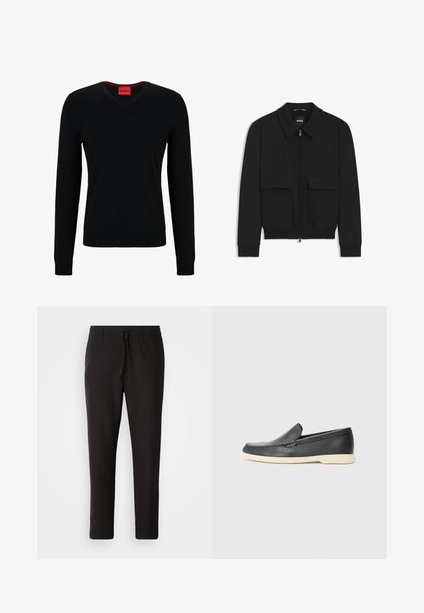 Black bomber jacket with a collared neck, zip front, and two large flap pockets. Features ribbed cuffs and hem, made of textured fabric.; HUGO SAN VREDO - Jumper - black; Black jogger pants made of smooth fabric. Feature an elastic waistband with a drawstring, tapered legs, and no visible pockets. Simple design.; Black leather slip-on loafers with a textured finish and a contrasting beige rubber sole. Features a subtle accent along the front.