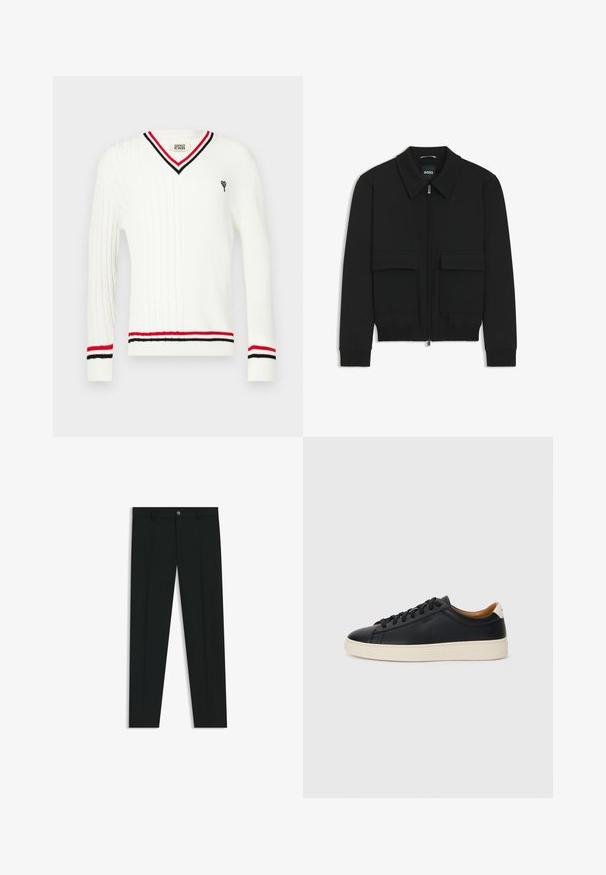 Giacca bomber nera con colletto, chiusura a zip frontale e due grandi tasche con patta. Presenta polsini e orlo a costine, realizzata in tessuto testurizzato.; Maglione bianco a trecce con scollo a V, caratterizzato da dettagli a righe nere e rosse sul colletto e sui polsini, con un piccolo ricamo decorativo.; Pantaloni neri in tessuto lisci, con design a gamba dritta. Presentano una chiusura frontale con bottone e passanti per cintura. Senza fantasie.; Sneakers in pelle nera con una texture liscia, suola in gomma beige, design con lacci e un accento del tacco in contrasto.