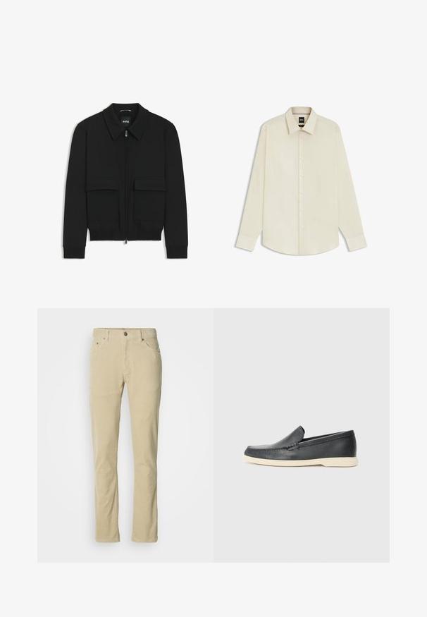 Black bomber jacket with a collared neck, zip front, and two large flap pockets. Features ribbed cuffs and hem, made of textured fabric.; BOSS JOE KENT - Formal shirt - open white eleven; Beige corduroy pants with front button, zipper closure, five pockets, and straight-leg cut against a plain white background.; Black leather slip-on loafers with a textured finish and a contrasting beige rubber sole. Features a subtle accent along the front.