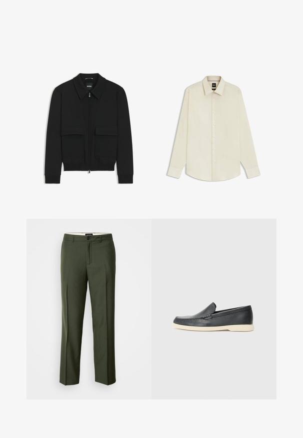 Black bomber jacket with a collared neck, zip front, and two large flap pockets. Features ribbed cuffs and hem, made of textured fabric.; BOSS JOE KENT - Formal shirt - open white eleven; Olive green tailored trousers made from a smooth fabric, featuring a single button closure, belt loops, and front pleats for structure.; Black leather slip-on loafers with a textured finish and a contrasting beige rubber sole. Features a subtle accent along the front.