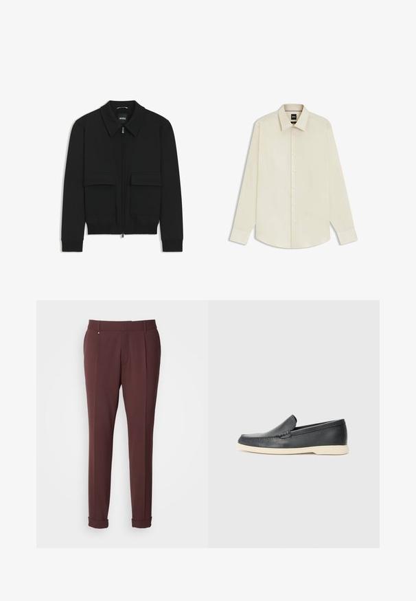 Black bomber jacket with a collared neck, zip front, and two large flap pockets. Features ribbed cuffs and hem, made of textured fabric.; BOSS JOE KENT - Formal shirt - open white eleven; Burgundy tailored trousers with a smooth texture, featuring belt loops, front pleats, and rolled hems for a fitted look.; Black leather slip-on loafers with a textured finish and a contrasting beige rubber sole. Features a subtle accent along the front.