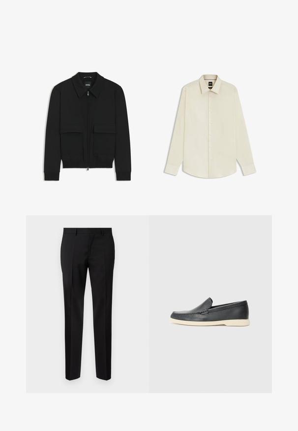 Black bomber jacket with a collared neck, zip front, and two large flap pockets. Features ribbed cuffs and hem, made of textured fabric.; BOSS JOE KENT - Formal shirt - open white eleven; Black tailored trousers made from smooth fabric, featuring a straight leg, refined crease details, and a classic waistband with belt loops.; Black leather slip-on loafers with a textured finish and a contrasting beige rubber sole. Features a subtle accent along the front.