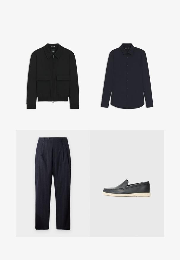 Black bomber jacket with a collared neck, zip front, and two large flap pockets. Features ribbed cuffs and hem, made of textured fabric.; Navy long-sleeve button-up shirt made from smooth fabric with a structured collar, featuring dark buttons and a curved hem.; Navy striped trousers made from a textured fabric, featuring a button closure, two front pleats, and a straight leg design.; Black leather slip-on loafers with a textured finish and a contrasting beige rubber sole. Features a subtle accent along the front.