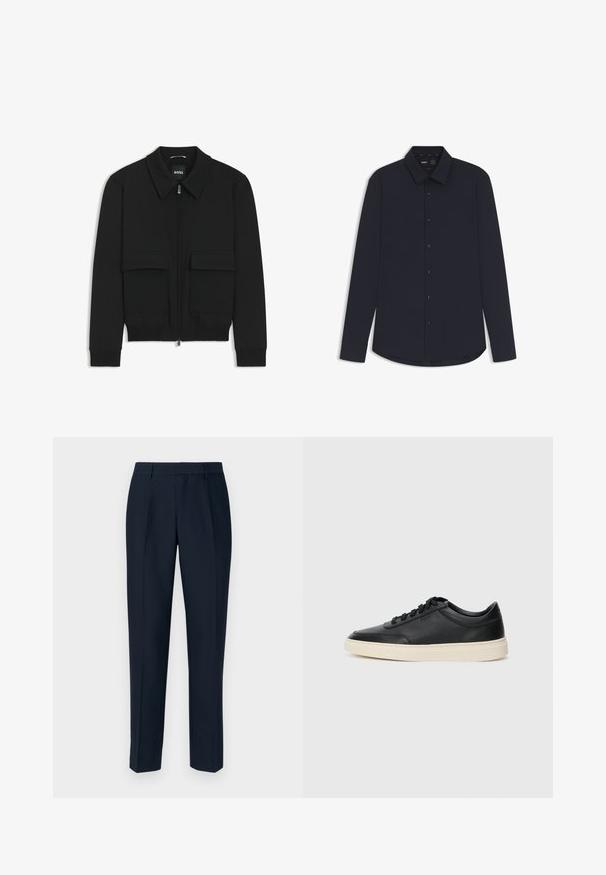 Black bomber jacket with a collared neck, zip front, and two large flap pockets. Features ribbed cuffs and hem, made of textured fabric.; Navy long-sleeve button-up shirt made from smooth fabric with a structured collar, featuring dark buttons and a curved hem.; Navy tailored trousers with a straight cut, featuring pleats in the front, a smooth texture, and standard belt loops.; Black low-top leather sneaker with black laces and off-white sole shown in side profile on white background.