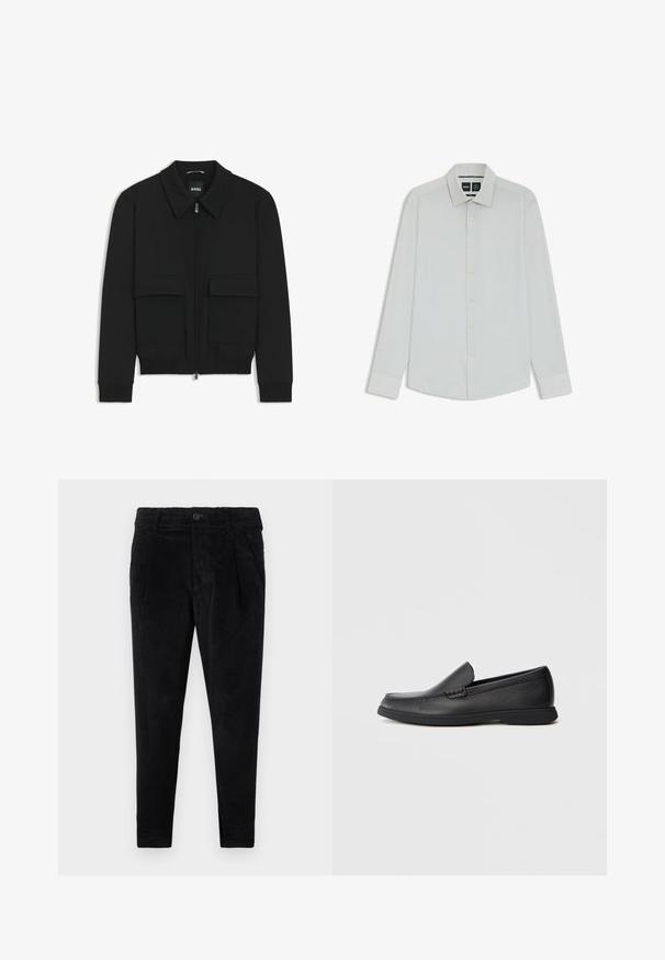 Black bomber jacket with a collared neck, zip front, and two large flap pockets. Features ribbed cuffs and hem, made of textured fabric.; White long-sleeve shirt with a classic collar, button front, and soft texture. Features subtle sheen and tailored fit.; Black corduroy trousers with a slim fit, featuring a button closure, two front pockets, and vertical ribbed texture throughout.; Black leather slip-on loafer with textured upper, rounded toe, low heel, and rubber sole, shown in side profile on white background.