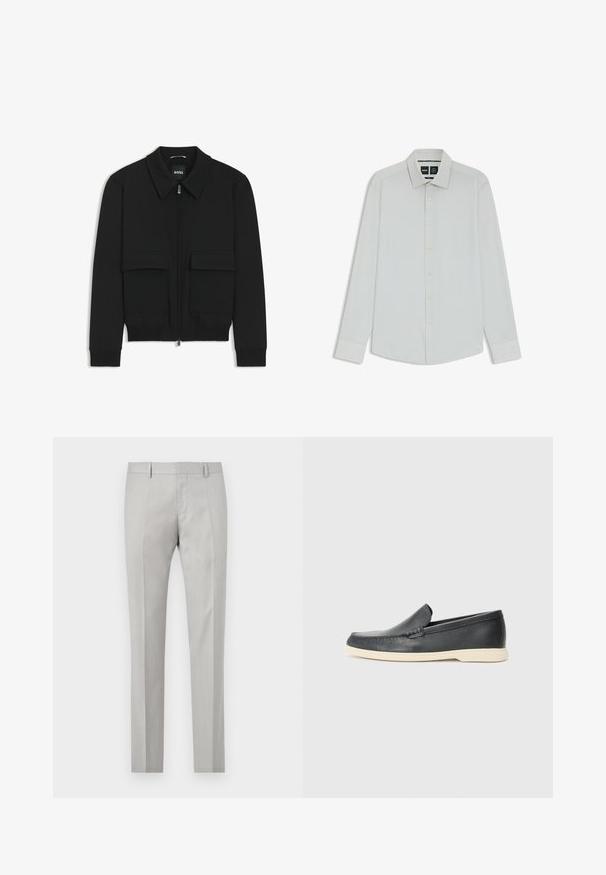 Black bomber jacket with a collared neck, zip front, and two large flap pockets. Features ribbed cuffs and hem, made of textured fabric.; White long-sleeve shirt with a classic collar, button front, and soft texture. Features subtle sheen and tailored fit.; Light gray tailored trousers with a smooth texture, flat front, and two side pockets. Features straight legs and subtle crease details.; Black leather slip-on loafers with a textured finish and a contrasting beige rubber sole. Features a subtle accent along the front.