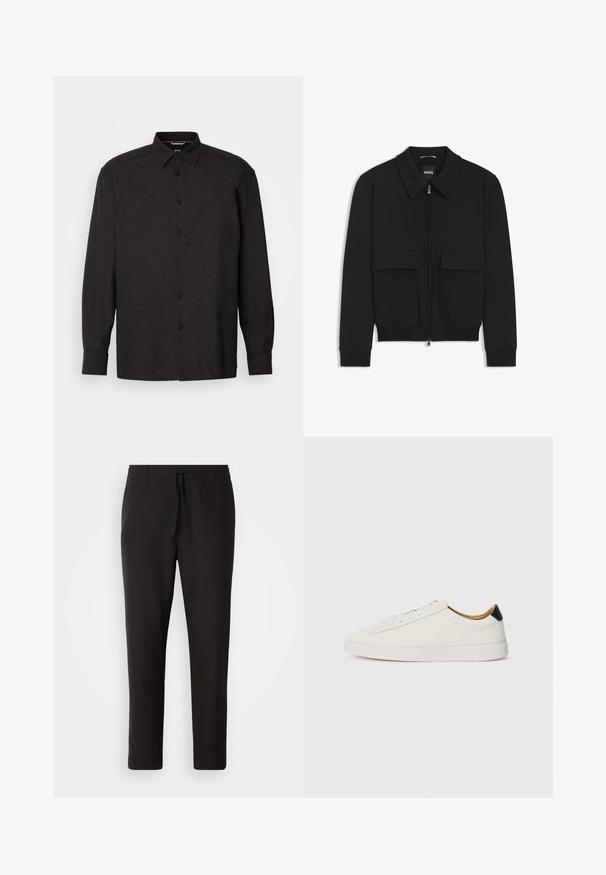 Zwarte bomberjack met een kraag, rits aan de voorkant en twee grote klepzakken. Heeft geribde manchetten en onderrand, gemaakt van textuurstof.; Zwarte lange mouw shirt van geweven stof, met een knopenfront, puntige kraag en standaard manchetten. Twee borstzakken.; Zwarte joggingsbroek van gladde stof. Kenmerkt zich door een elastische tailleband met een trekkoord, taps toelopende benen en geen zichtbare zakken. Eenvoudig ontwerp.; Witte sneaker met een gladleren bovenkant, ronde neus en platte zool. Zwarte accenten bij de hiel, voorzien van tonale veters en minimale branding.