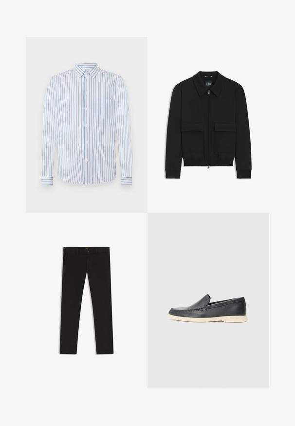 Giacca bomber nera con colletto, chiusura a zip frontale e due grandi tasche con patta. Presenta polsini e orlo a costine, realizzata in tessuto testurizzato.; Camicia a righe con strisce verticali blu chiaro e bianche, chiusura frontale con bottoni e una tasca sul petto. Maniche lunghe con polsini abbottonati.; Pantaloni neri realizzati in tessuto con una superficie liscia. Presentano una chiusura con bottone, passanti per cintura e tasche laterali. Design a gamba dritta standard.; Mocassini neri in pelle con finitura testurizzata e suola in gomma beige a contrasto. Presentano un accento sottile lungo la parte anteriore.