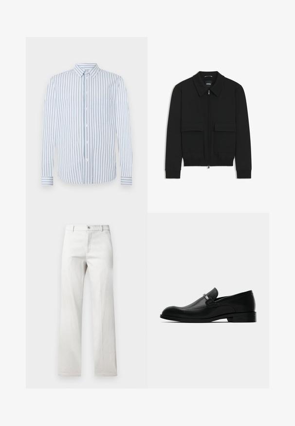 Musta pommikohva takki, jossa on kauluskulli, vetoketju etupuolella ja kaksi suurta läpällistä taskua. Varustettu ribbireunuksilla hihoissa ja helmassa, valmistettu teksturoituneesta kankaasta.; Raidallinen paita, jossa on pystysuorat vaaleansiniset ja valkoiset raidat, napit edessä ja yksi rintatasku. Pitkät hihat napillisilla hihansuilla.; Harmaat suorat housut, valmistettu sileästä kankaasta, joissa on etupainike ja sivutaskut.; Musta nahkainen miesten loafer, jossa on metallisolkiyksitys, matala korko ja brändätty pohja, esitelty sivulta valkoista taustaa vasten.
