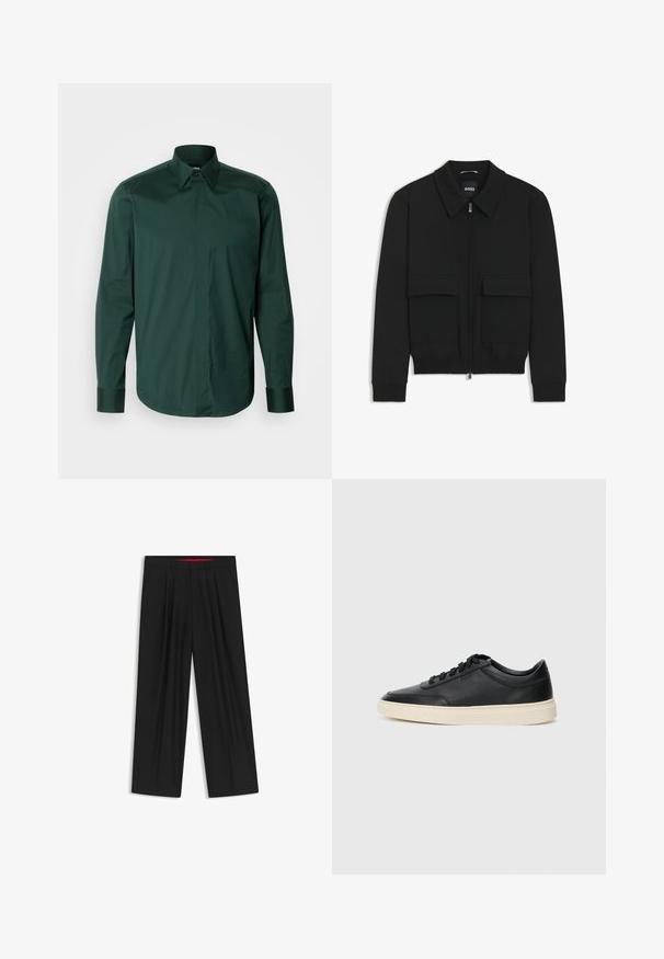 Schwarze Bikerjacke mit Kragen, Reißverschluss vorne und zwei großen Taschen mit Klappen. Mit Rippstrickbündchen und Saum, aus strukturiertem Stoff gefertigt.; Dunkelgrünes Langarm-Hemd mit Knopfleiste aus glattem Baumwollmaterial, mit spitzem Kragen und Manschetten, gerader Schnitt und minimalen Details.; Schwarze weit geschnittene Hosen mit flachem Bund, zwei seitlichen Taschen, gefaltetem Design und einem kontrastierenden roten Innenbund.; Schwarzer niedriger Ledersneaker mit schwarzen Schnürsenkeln und cremefarbenem Sohlenrand, seitlich auf weißem Hintergrund dargestellt.