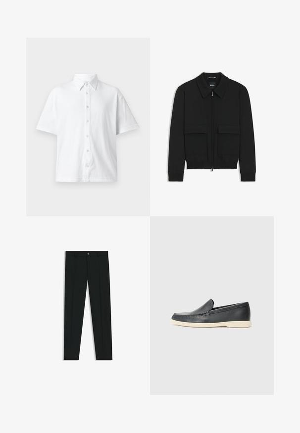 Zwarte bomberjack met een kraag, rits aan de voorkant en twee grote klepzakken. Heeft geribde manchetten en onderrand, gemaakt van textuurstof.; Witte kortemouw button-up blouse van gestructureerde stof met een klassieke kraag en een lijnenpatroon. Zes knoppen aan de voorkant.; Zwarte dresspants met een recht pasvorm, gemaakt van een gladde stof. Heeft een sluiting met een knoop aan de voorkant en ceintuurlussen. Effen zonder patronen.; Zwarte leren instappers met een gestructureerde afwerking en een contrasterende beige rubberen zool. Beschikt over een subtiele accent langs de voorkant.