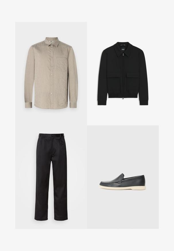 Giacca bomber nera con colletto, chiusura a zip frontale e due grandi tasche con patta. Presenta polsini e orlo a costine, realizzata in tessuto testurizzato.; Camicia button-up beige chiaro con righe verticali, maniche lunghe, colletto e taschino sul petto. Realizzata in tessuto testurizzato con una finitura morbida.; Pantaloni neri realizzati in tessuto morbido, con chiusura frontale a bottone, pieghe e gambe dritte. Nessun motivo o accento visibile.; Mocassini neri in pelle con finitura testurizzata e suola in gomma beige a contrasto. Presentano un accento sottile lungo la parte anteriore.