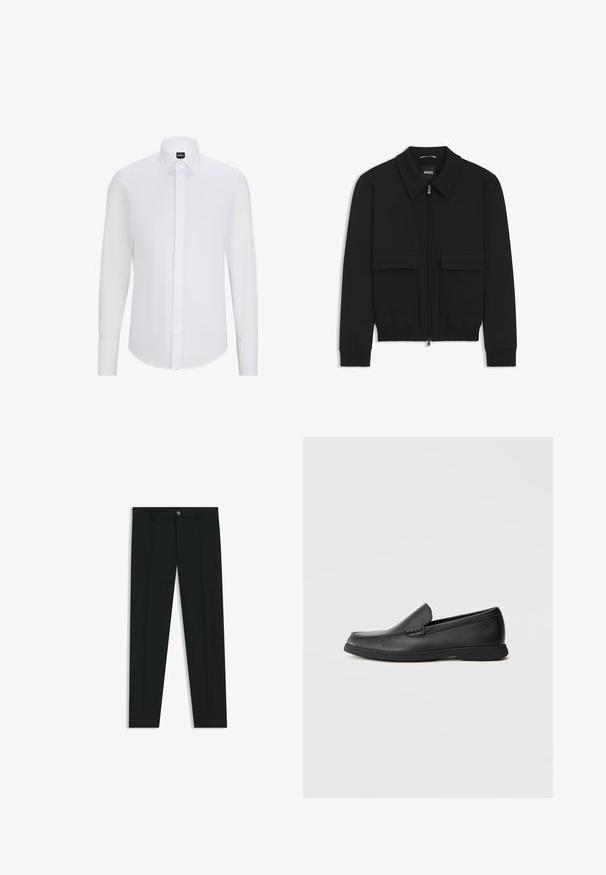Zwarte bomberjack met een kraag, rits aan de voorkant en twee grote klepzakken. Heeft geribde manchetten en onderrand, gemaakt van textuurstof.; Witte langemouw overhemd met knopen en een spitse kraag, gemaakt van gladde stof, met een voorflap en een ronde zoom.; Zwarte dresspants met een recht pasvorm, gemaakt van een gladde stof. Heeft een sluiting met een knoop aan de voorkant en ceintuurlussen. Effen zonder patronen.; Zwarte leren instaploafer met een textuur bovenwerk, ronde neus, lage hak en rubberen zool, weergegeven in zijprofiel op een witte achtergrond.