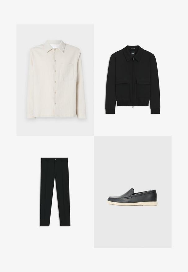 Schwarze Bikerjacke mit Kragen, Reißverschluss vorne und zwei großen Taschen mit Klappen. Mit Rippstrickbündchen und Saum, aus strukturiertem Stoff gefertigt.; Cremefarbenes Hemd mit Knopfleiste aus strukturiertem Stoff, mit Kragen, langen Ärmeln und einer Brusttasche.; Schwarze Anzughosen mit geradem Bein, aus glattem Stoff. Mit Knopfverschluss vorne und Gürtelschlaufen. Schlicht ohne Muster.; Schwarze Leder-Slipper mit strukturiertem Finish und einer kontrastierenden beige Gummisohle. Mit einem dezenten Akzent an der Vorderseite.