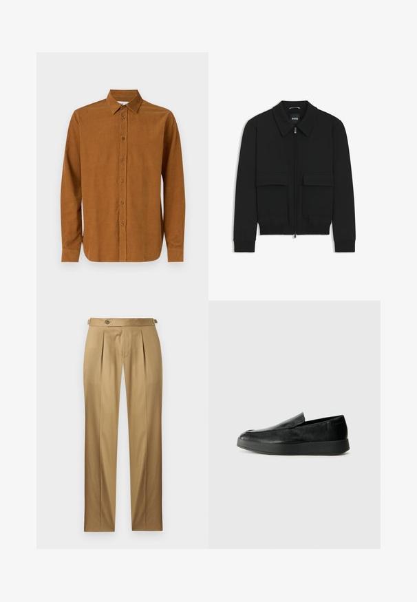 Black bomber jacket with a collared neck, zip front, and two large flap pockets. Features ribbed cuffs and hem, made of textured fabric.; Brown long-sleeve button-up shirt made of smooth fabric, featuring a classic collar and seven front buttons, with straight cuffed sleeves.; Beige trousers with a straight fit, featuring pleats, a button closure, and belt loops. Smooth fabric with a clean, tailored look.; Calvin Klein HYBRID CUP - Slip-ons - triple black