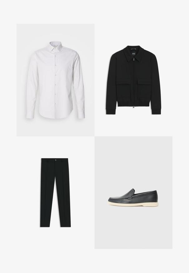Black bomber jacket with a collared neck, zip front, and two large flap pockets. Features ribbed cuffs and hem, made of textured fabric.; White long-sleeve shirt with a pointed collar, button-up front, made from a smooth fabric. Features a subtle striped texture.; Black dress pants with a straight-leg design, made of smooth fabric. Features a front button closure and belt loops. Plain without patterns.; Black leather slip-on loafers with a textured finish and a contrasting beige rubber sole. Features a subtle accent along the front.