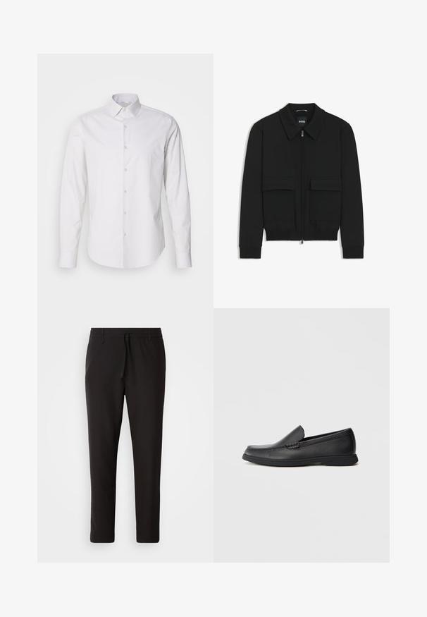 Black bomber jacket with a collared neck, zip front, and two large flap pockets. Features ribbed cuffs and hem, made of textured fabric.; White long-sleeve shirt with a pointed collar, button-up front, made from a smooth fabric. Features a subtle striped texture.; Black jogger pants made of smooth fabric. Feature an elastic waistband with a drawstring, tapered legs, and no visible pockets. Simple design.; Black leather slip-on loafer with textured upper, rounded toe, low heel, and rubber sole, shown in side profile on white background.