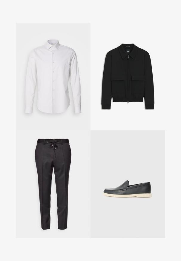 Sort bomberjakke med krave, lynlås foran og to store klaplommer. Har ribbede manchetter og bund, lavet af struktureret stof.; Hvid langærmet skjorte med spids krave, knaplukning foran, lavet af et glat stof. Har en subtil stribet tekstur.; Sorte skræddersyede bukser med snor i taljen, plisseret front og opsmøgede afslutninger. Lavet af glat stof med en struktureret pasform.; Sorte læder slip-on loafers med en struktureret overflade og en kontrasterende beige gummisål. Har en subtil detalje langs forsiden.