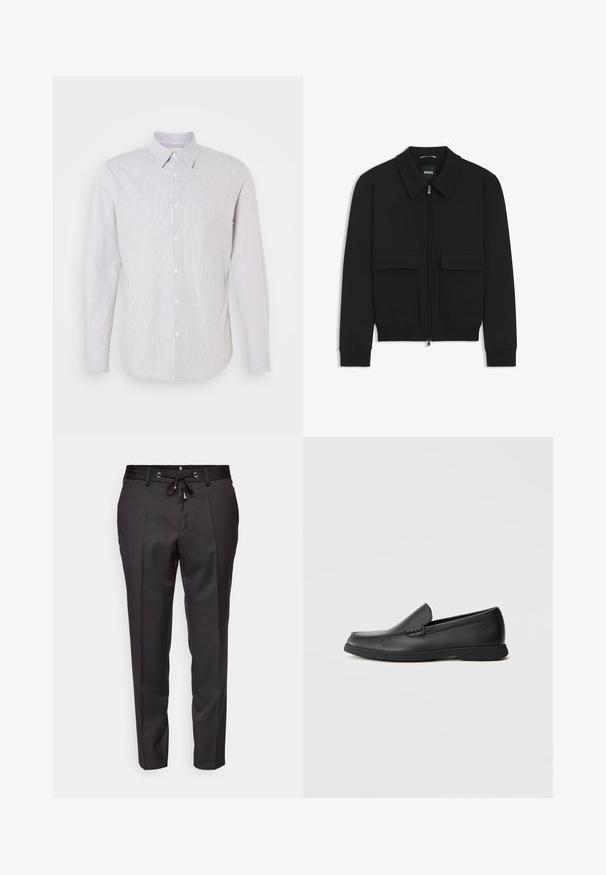 Black bomber jacket with a collared neck, zip front, and two large flap pockets. Features ribbed cuffs and hem, made of textured fabric.; Long-sleeve, collared shirt in white with narrow blue stripes, featuring a button-up front and a small logo on the chest.; Black tailored pants with a drawstring waistband, pleated front, and cuffed hems. Made from smooth fabric with a structured fit.; Black leather slip-on loafer with textured upper, rounded toe, low heel, and rubber sole, shown in side profile on white background.