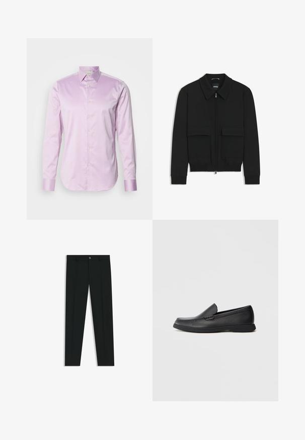 Svart bomberjacka med krage, dragkedja framtill och två stora klafffickor. Har ribbade mudd och nederkant, tillverkad av strukturerad tyg.; Ljuslila långärmad skjorta gjord av mjukt tyg, med en knapphalsskrage, fullängds framknappar och kontrasterande glansiga ärmslut.; Svarta dressbyxor med rak bendesign, gjorda av ett mjukt tyg. Har stängning med frontknapp och bälteshällor. Enfärgade utan mönster.; Svart läder slip-on loafers med texturerad ovandel, rund tå, låg klack och gummisulor, visad i sidoprofil mot vit bakgrund.