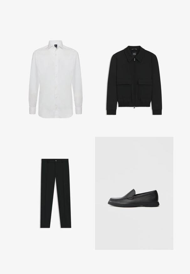 Zwarte bomberjack met een kraag, rits aan de voorkant en twee grote klepzakken. Heeft geribde manchetten en onderrand, gemaakt van textuurstof.; Witte langemouwen shirt van gladde stof, met een klassieke kraag en een knoopsluiting aan de voorzijde, met een eenvoudig ontwerp en zonder patronen.; Zwarte dresspants met een recht pasvorm, gemaakt van een gladde stof. Heeft een sluiting met een knoop aan de voorkant en ceintuurlussen. Effen zonder patronen.; Zwarte leren instaploafer met een textuur bovenwerk, ronde neus, lage hak en rubberen zool, weergegeven in zijprofiel op een witte achtergrond.
