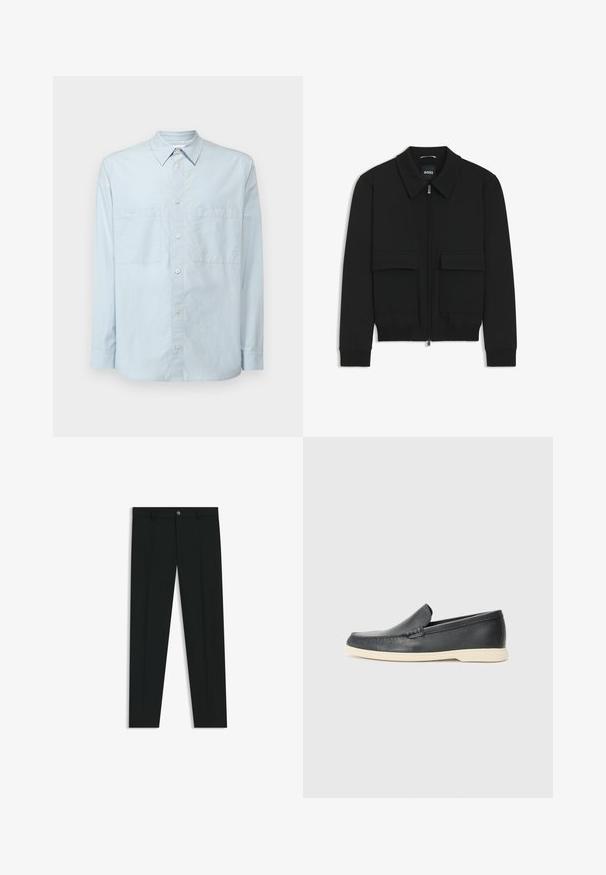 Giacca bomber nera con colletto, chiusura a zip frontale e due grandi tasche con patta. Presenta polsini e orlo a costine, realizzata in tessuto testurizzato.; Camicia button-up azzurro chiaro in cotone, con colletto classico, maniche lunghe, due tasche sul petto e una vestibilità leggermente rilassata.; Pantaloni neri in tessuto lisci, con design a gamba dritta. Presentano una chiusura frontale con bottone e passanti per cintura. Senza fantasie.; Mocassini neri in pelle con finitura testurizzata e suola in gomma beige a contrasto. Presentano un accento sottile lungo la parte anteriore.