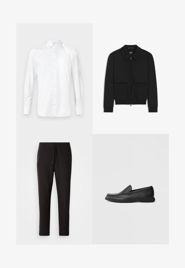 Zwarte bomberjack met een kraag, rits aan de voorkant en twee grote klepzakken. Heeft geribde manchetten en onderrand, gemaakt van textuurstof.; Witte blouse met lange mouwen van gladde stof, met een klassieke kraag, knoopsluiting aan de voorkant en knoopmanchetten. Eenvoudig, strak ontwerp.; Zwarte joggingsbroek van gladde stof. Kenmerkt zich door een elastische tailleband met een trekkoord, taps toelopende benen en geen zichtbare zakken. Eenvoudig ontwerp.; Zwarte leren instaploafer met een textuur bovenwerk, ronde neus, lage hak en rubberen zool, weergegeven in zijprofiel op een witte achtergrond.