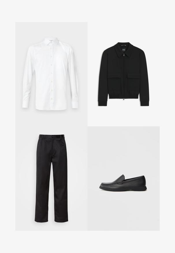 Schwarze Bikerjacke mit Kragen, Reißverschluss vorne und zwei großen Taschen mit Klappen. Mit Rippstrickbündchen und Saum, aus strukturiertem Stoff gefertigt.; Weißes Langarmshirt aus glattem Stoff, mit klassischem Kragen, Knopfleiste und geknöpften Manschetten. Einfaches, sauberes Design.; Schwarze Hosen aus glattem Stoff, mit einem Knopfverschluss vorne, Falten und geraden Beinen. Keine sichtbaren Muster oder Akzente.; Schwarze Leder Slipper mit strukturiertem Obermaterial, runder Zehenform, niedrigem Absatz und Gummisohle, seitlich auf weißem Hintergrund abgebildet.