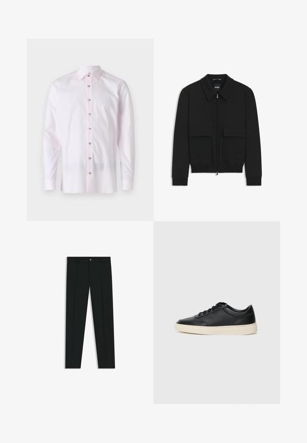 Giacca bomber nera con colletto, chiusura a zip frontale e due grandi tasche con patta. Presenta polsini e orlo a costine, realizzata in tessuto testurizzato.; Camicia a maniche lunghe di un delicato rosa, realizzata in tessuto liscio. Presenta un colletto a punta e una chiusura frontale con bottoni a contrasto.; Pantaloni neri in tessuto lisci, con design a gamba dritta. Presentano una chiusura frontale con bottone e passanti per cintura. Senza fantasie.; Sneaker in pelle nera a basso profilo con lacci neri e suola avorio, mostrato di profilo su sfondo bianco.