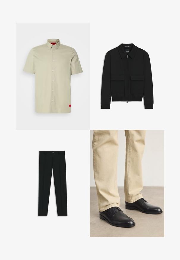 Giacca bomber nera con colletto, chiusura a zip frontale e due grandi tasche con patta. Presenta polsini e orlo a costine, realizzata in tessuto testurizzato.; Camicia corta beige chiaro con colletto button-down, apertura con bottoni frontale e un'etichetta loggata rossa all'orlo. Tessuto in cotone morbido.; Pantaloni neri in tessuto lisci, con design a gamba dritta. Presentano una chiusura frontale con bottone e passanti per cintura. Senza fantasie.; Scarpe stringate in pelle nera con punta arrotondata, finitura liscia e dettagli di cucitura sottili, indossate con pantaloni beige chiaro.