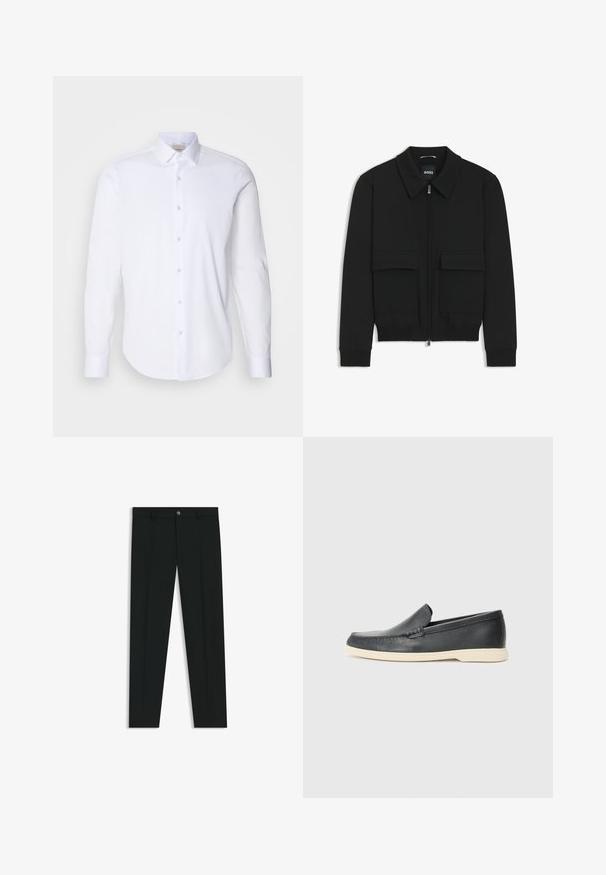 Sort bomberjakke med krave, lynlås foran og to store klaplommer. Har ribbede manchetter og bund, lavet af struktureret stof.; Hvid langærmet skjorte lavet af glat bomuldsstof. Har en spids krave, en knaplukning foran og en afrundet kant. Ingen mønstre eller accenter.; Sorte dressbukser med lige ben-design, lavet af glat stof. Har en frontlukning med knap og bæltestropper. Enkle uden mønstre.; Sorte læder slip-on loafers med en struktureret overflade og en kontrasterende beige gummisål. Har en subtil detalje langs forsiden.