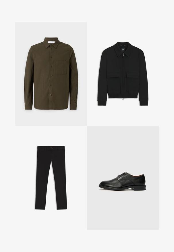 Giacca bomber nera con colletto, chiusura a zip frontale e due grandi tasche con patta. Presenta polsini e orlo a costine, realizzata in tessuto testurizzato.; Maglietta a maniche lunghe verde oliva realizzata in tessuto morbido, con colletto button-down, tasca frontale e patta con bottoni scuri.; Pantaloni neri realizzati in tessuto con una superficie liscia. Presentano una chiusura con bottone, passanti per cintura e tasche laterali. Design a gamba dritta standard.; Tommy Hilfiger VOGUE LTH - Stringate eleganti - black