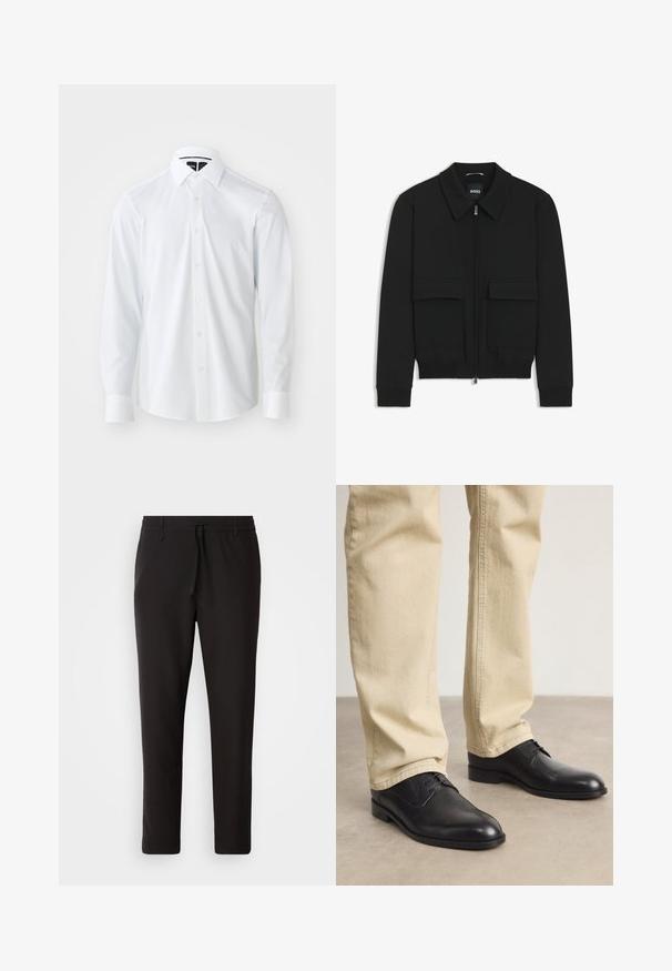 Czarna kurtka bomberka z kołnierzykiem, zapinana na zamek, z dwiema dużymi kieszeniami z klapami. Posiada ściągacze na mankietach i dole, wykonana z teksturowanej tkaniny.; Biała koszula zapinana na guziki, wykonana z teksturowanej tkaniny, o dopasowanym kroju. Posiada długie rękawy, spiczasty kołnierz i białe guziki.; Czarne spodnie dresowe wykonane z gładkiego materiału. Posiadają elastyczny pas ze sznurkiem, zwężane nogawki oraz brak widocznych kieszeni. Prosty design.; Czarne skórzane buty na sznurówki z zaokrąglonym czubkiem, gładkim wykończeniem i subtelnymi detalami szycia, noszone z jasnobeżowymi spodniami.