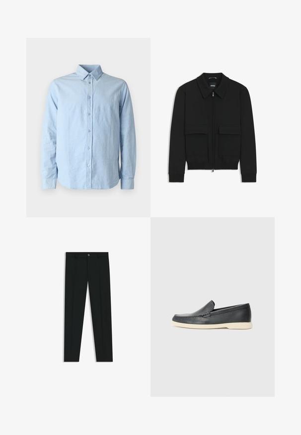 Zwarte bomberjack met een kraag, rits aan de voorkant en twee grote klepzakken. Heeft geribde manchetten en onderrand, gemaakt van textuurstof.; Samsøe Samsøe LIAM SHIRT - Overhemd - light blue; Zwarte dresspants met een recht pasvorm, gemaakt van een gladde stof. Heeft een sluiting met een knoop aan de voorkant en ceintuurlussen. Effen zonder patronen.; Zwarte leren instappers met een gestructureerde afwerking en een contrasterende beige rubberen zool. Beschikt over een subtiele accent langs de voorkant.