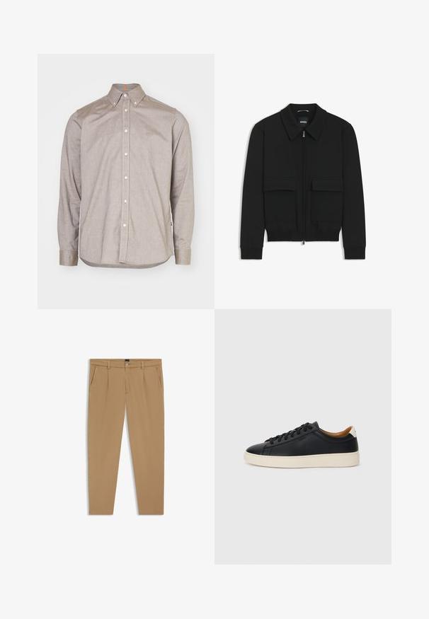 Musta pommikohva takki, jossa on kauluskulli, vetoketju etupuolella ja kaksi suurta läpällistä taskua. Varustettu ribbireunuksilla hihoissa ja helmassa, valmistettu teksturoituneesta kankaasta.; Vaaleanruskea napitettava paita, jossa on kaulus, pitkät hihat ja valkoiset napit. Sisältää hienovaraisen tekstuurin ja brodeeratun logon vasemmalla rinnassa.; Beige-housut, joissa on sileä pinta, suora leikkaus, etutaskut ja nappikiinnitys vyötäröllä.; Mustat nahkasneakerit, joissa on sileä pinta, beige kumipohja, nauhakiinnitys ja erottuva kanta-aksentti.