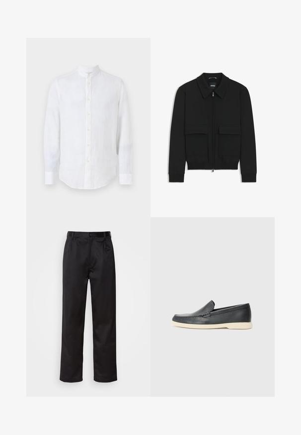 Giacca bomber nera con colletto, chiusura a zip frontale e due grandi tasche con patta. Presenta polsini e orlo a costine, realizzata in tessuto testurizzato.; Camicia bianca in lino con colletto alla mandarino. Presenta maniche lunghe, chiusura con bottoni sul davanti e orlo curvo. Tessuto con una texture sottile.; Pantaloni neri realizzati in tessuto morbido, con chiusura frontale a bottone, pieghe e gambe dritte. Nessun motivo o accento visibile.; Mocassini neri in pelle con finitura testurizzata e suola in gomma beige a contrasto. Presentano un accento sottile lungo la parte anteriore.