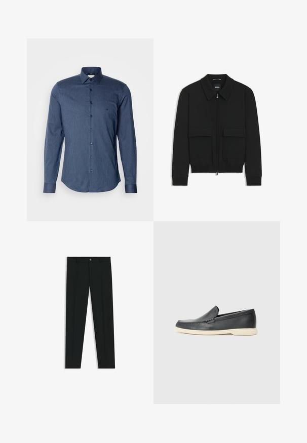 Zwarte bomberjack met een kraag, rits aan de voorkant en twee grote klepzakken. Heeft geribde manchetten en onderrand, gemaakt van textuurstof.; Blauw gestreept overhemd met lange mouwen van katoen. Bevat een klassieke kraag, knoopsluiting aan de voorkant en een ronde onderkant. Gelaagd stof met een subtiele glans.; Zwarte dresspants met een recht pasvorm, gemaakt van een gladde stof. Heeft een sluiting met een knoop aan de voorkant en ceintuurlussen. Effen zonder patronen.; Zwarte leren instappers met een gestructureerde afwerking en een contrasterende beige rubberen zool. Beschikt over een subtiele accent langs de voorkant.