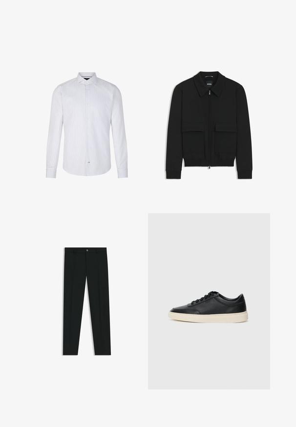 Schwarze Bikerjacke mit Kragen, Reißverschluss vorne und zwei großen Taschen mit Klappen. Mit Rippstrickbündchen und Saum, aus strukturiertem Stoff gefertigt.; Weißes Langarmshirt mit hellblauen vertikalen Streifen, einem Button-Down-Kragen und Manschetten im passenden Streifenmuster.; Schwarze Anzughosen mit geradem Bein, aus glattem Stoff. Mit Knopfverschluss vorne und Gürtelschlaufen. Schlicht ohne Muster.; Schwarzer niedriger Ledersneaker mit schwarzen Schnürsenkeln und cremefarbenem Sohlenrand, seitlich auf weißem Hintergrund dargestellt.
