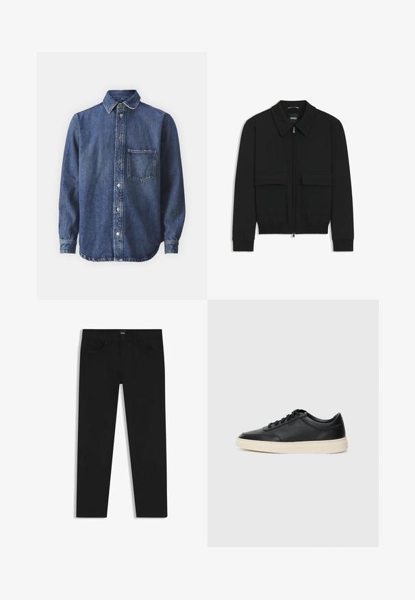 Giacca bomber nera con colletto, chiusura a zip frontale e due grandi tasche con patta. Presenta polsini e orlo a costine, realizzata in tessuto testurizzato.; Camicia di jeans, blu scuro, con bottoni sul davanti, maniche lunghe, colletto a punta, taschino sul petto, texture leggermente sbiadita, con dettagli di cucitura visibili.; Pantaloni in denim nero con taglio dritto, dotati di vita standard, cinque tasche e chiusura con bottone. Texture liscia su tutta la superficie.; Sneaker in pelle nera a basso profilo con lacci neri e suola avorio, mostrato di profilo su sfondo bianco.