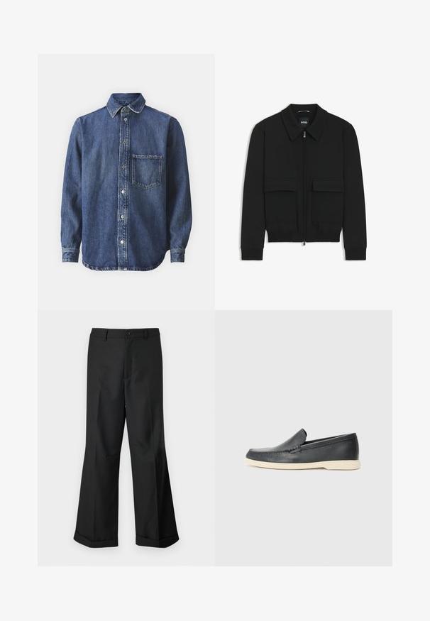Schwarze Bikerjacke mit Kragen, Reißverschluss vorne und zwei großen Taschen mit Klappen. Mit Rippstrickbündchen und Saum, aus strukturiertem Stoff gefertigt.; Jeanshemd, dunkelblau, Knopfleiste vorne, lange Ärmel, spitzes Kragen, eine Brusttasche, leicht verblasste Textur, mit sichtbaren Nähdetails.; Schwarze weit geschnittene Hosen mit geknöpftem Bund und umgeschlagenen Säumen, vor einem schlichten weißen Hintergrund präsentiert.; Schwarze Leder-Slipper mit strukturiertem Finish und einer kontrastierenden beige Gummisohle. Mit einem dezenten Akzent an der Vorderseite.
