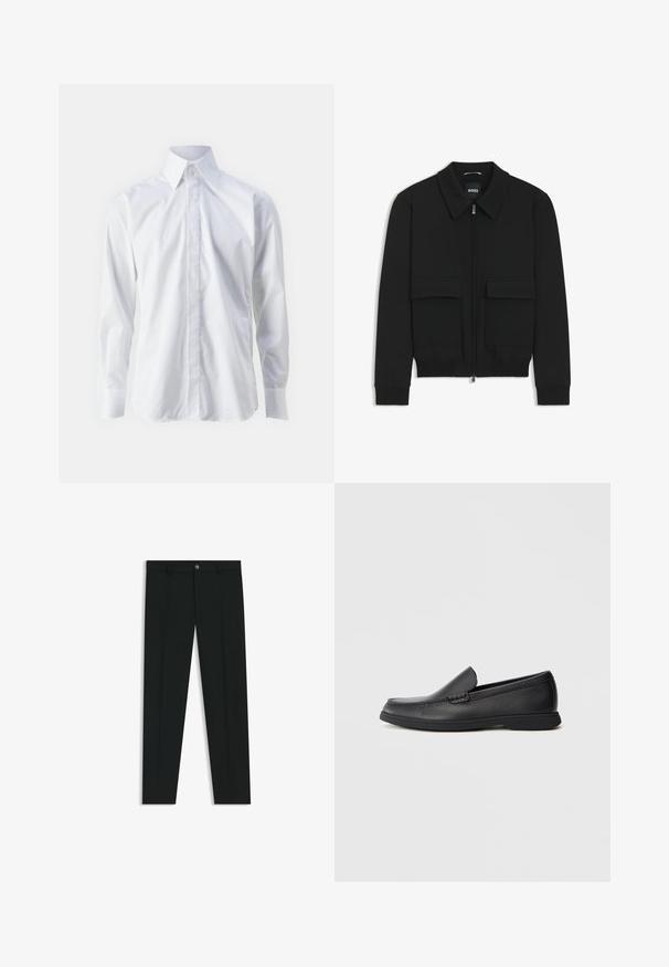 Zwarte bomberjack met een kraag, rits aan de voorkant en twee grote klepzakken. Heeft geribde manchetten en onderrand, gemaakt van textuurstof.; Witte langetermijnsokken met lange mouwen, gemaakt van gladde stof, met een klassieke kraag, knoopsluiting en fijn geborduurd logo op de linkeronderkant.; Zwarte dresspants met een recht pasvorm, gemaakt van een gladde stof. Heeft een sluiting met een knoop aan de voorkant en ceintuurlussen. Effen zonder patronen.; Zwarte leren instaploafer met een textuur bovenwerk, ronde neus, lage hak en rubberen zool, weergegeven in zijprofiel op een witte achtergrond.