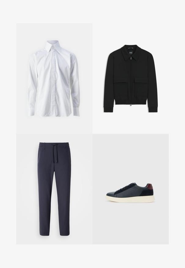 Musta pommikohva takki, jossa on kauluskulli, vetoketju etupuolella ja kaksi suurta läpällistä taskua. Varustettu ribbireunuksilla hihoissa ja helmassa, valmistettu teksturoituneesta kankaasta.; Valkoinen pitkähihaisuus paita, joka on valmistettu sileästä kankaasta. Paidassa on klassinen kaulus, napitus edessä ja huomaamaton brodeerattu logo vasemmassa alareunassa.; Navy jogger-housut elastisella vyötäröllä ja naruilla. Valmistettu sileästä materiaalista, jossa on kapenevat lahkeet eikä näkyviä taskuja.; Miestne bežecké tenisky s nízkym strihom v čiernej koži a semišovej úprave s bordovým jazykom a bielou gumovou podrážkou, pohľad z vonkajšej strany.